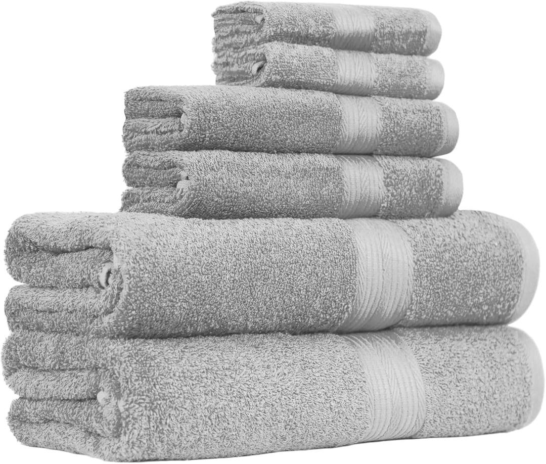 Amazon Basics 6 Piece Oversized Fade resistant Towel set, 100% Cotton Towels for Bathroom, Soft and Absorbent, 2 Bath Towels, 2 Hand Towels and 2 Washcloths Bathroom Towel Set, Gray