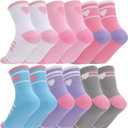 Jspupifip 6 Pairs Kids Girls Pink White Crew Athletic Socks with Stripes Hearts,Casual Stretchy Socks for Girls and Boys, Size: 9-12 Years