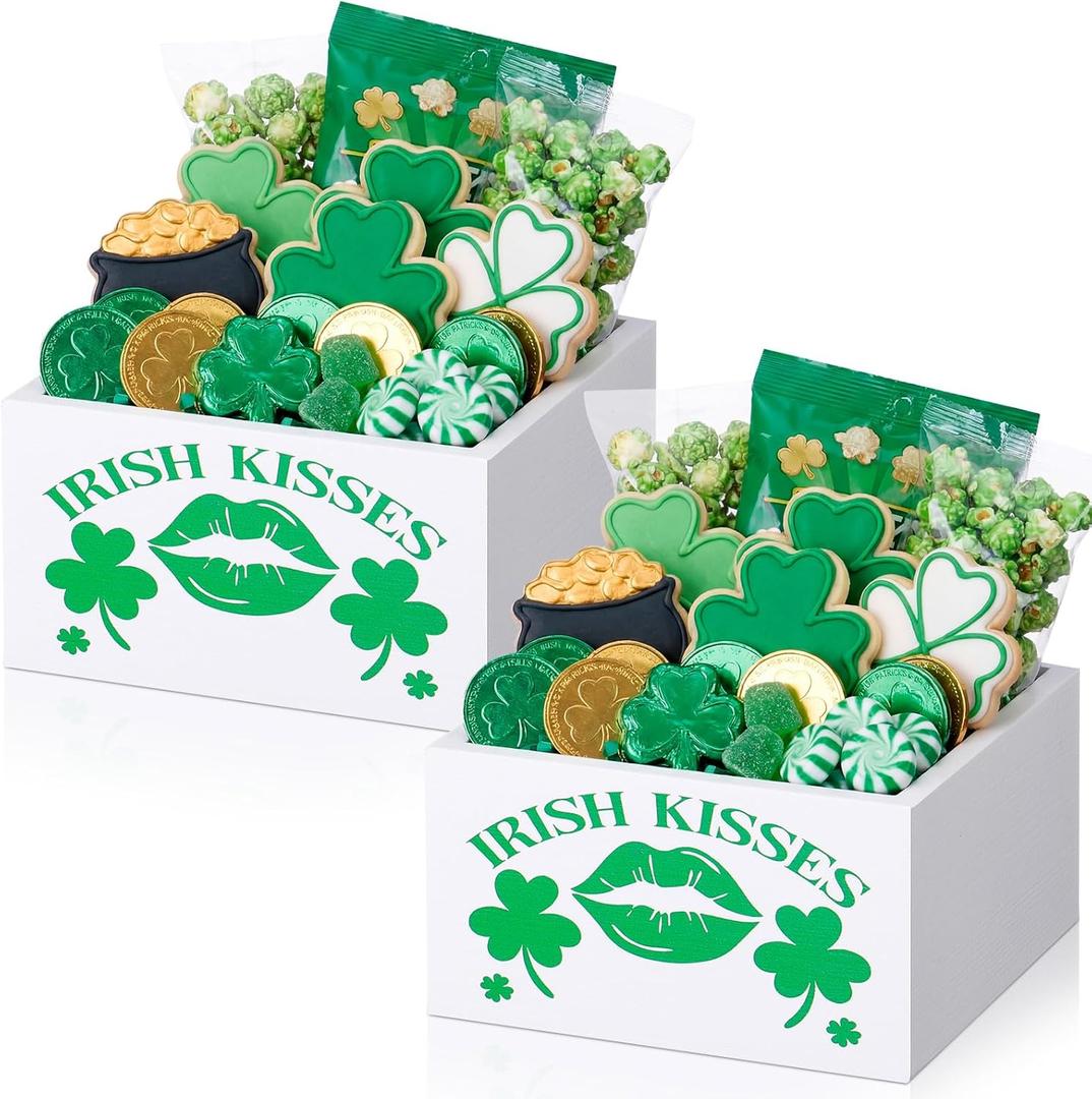 2 Pcs St Patrick's Day Candy Dish Wooden Shamrock Candy Green Bowl Dish Irish Kisses Snack Serving Bowl Decoration Storage Tableware for Home Classroom Holiday Party Centerpieces Decor