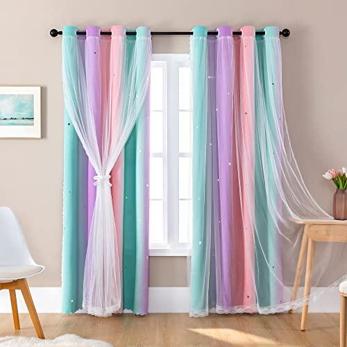 Curtains for Girls Bedroom Decor, Rainbow Blackout Curtains for Kids/Little Girl Room Decor, Unicorn Wall Decals, Pink Purple Green,63 x 34 inches,1 Panel