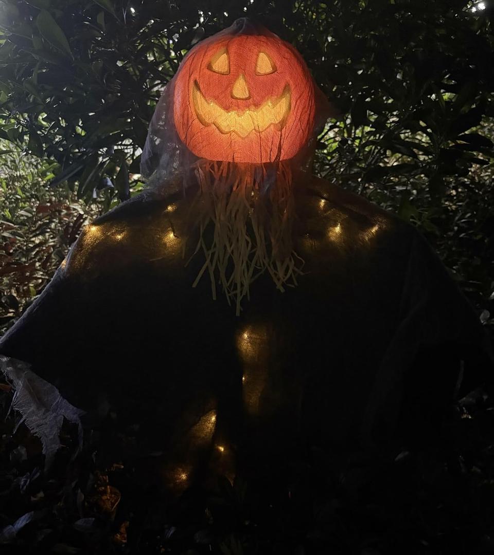Halloween Scarecrows for Outside Poseable Halloween Scary Pumpkin Man Decorations with Lights and Timer (6H On/18H Off) Pumpkin Man Decorations Outdoor Scarecrows for Yard Party Porch