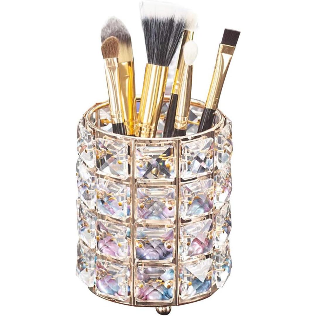 LUGUNU Makeup Brush Holder Organizer Crystal Vanity Decor Bling Personalized Comb Brushes Pen Storage Box Container (Gold 1 Pack)