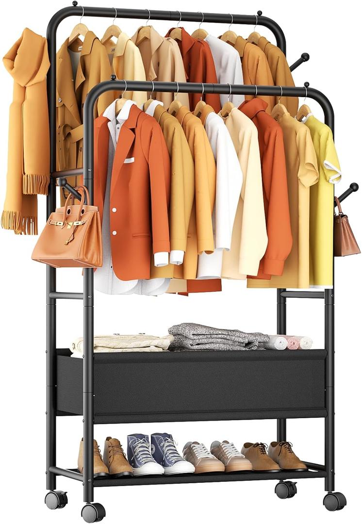 Furologee Clothing Racks for Hanging Clothes, Portable Rolling Garment Rack, Sturdy Metal Freestanding Clothes Rack with Wheels, Double Rods Wardrobe Racks for Bedroom Laundry Living Room (Storage Box)