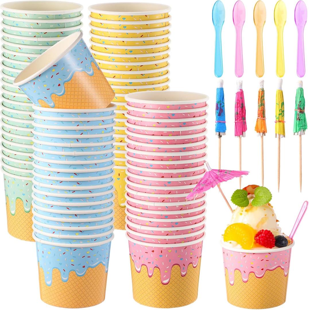 40 Set 6 oz Paper Ice Cream Cups with 40 Plastic Spoons 40 Mini Cocktail Drink Umbrellas Disposable Dessert Bowls Ice Cream Sundae Kit for Summer Birthday Party Favor Supplies