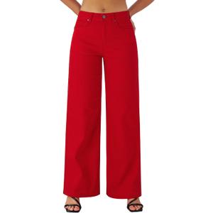 roswear Women's Wide Leg Jeans High Waisted Stretchy Denim Trouser Pants (Red, L)
