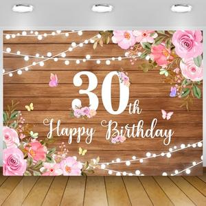 Happy 30th Birthday Decorations for Her Rustic Wooden Happy 30th Birthday Banner Backdrop Pink Floral 30 Years Old Party Decoration Photography Banner Supplies 7x5Ft