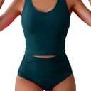 Eomenie Two Piece Tankini Swimsuits for Women Tummy Control Bathing Suits Cutout Back Swim Tank Top with High Waisted Bottom (Large, Dark Green)