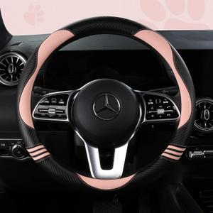 HighnessHwoo Car Steering Wheel Covers for Women Padded Carbon Fiber PU Leather Cute Auto Interior Accessories for Vehicle, Sedan, Universal, Anti Slip, Pink, Standard Size, 14.75-15.15in