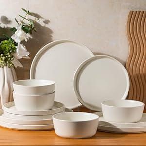 AmorArc Ceramic Dinnerware Sets for 4, Modern Flat Stoneware Plates and Bowls Sets, Chip and Crack Resistant | Dishwasher & Microwave Safe Dishes Set, Scratch Resistant- Service for 4 (12pc)-Matte Cream