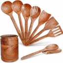 Wooden Cooking Utensil Set of 9  Natural Mango Wood Kitchen Tools with Holder & Spoon Rest | Nonstick Safe, Heat-Resistant, Eco-Friendly Wooden Spoons & Spatulas for Cooking & Serving