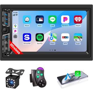 7'' Double Din Car Stereo with Wireless Apple CarPlay & Android Auto, Car Audio Receivers, IPS Touch Screen FM Radio, Mirror Link, Bluetooth 5.2, SWC, HD Backup Camera, GPS Navigation, TF/USB/AUX