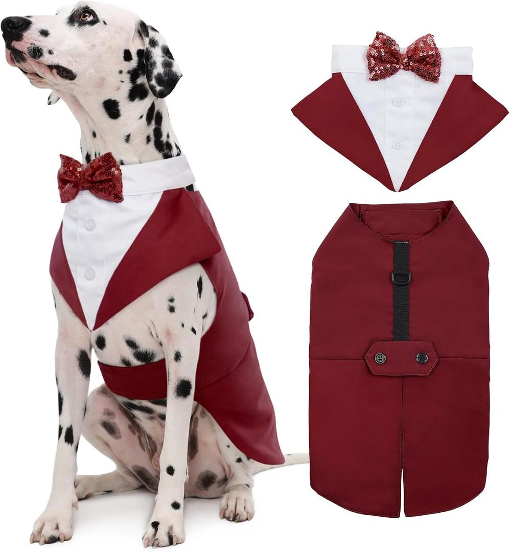 Kuoser Dog Tuxedo Dog Suit and Bandana Set, Dogs Tuxedo Wedding Party Suit, Doggy Prince Bow Tie Shirt Formal Pet Wedding Attire for Large Medium and Small Dogs Golden Retriever Samo Bulldogs (Large (pack of 1), Wine Red)