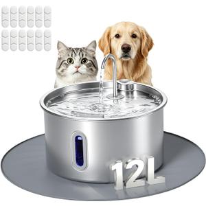 Stainless Steel Dog Water Fountain 12L/3.17Gal 12 Pack Filter
