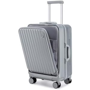 Somago Carry on Luggage Front Open 22x14x9 inches Airline Approved Lightweight Suitcase with Cup Holder and USB Port Aluminum Frame Polycarbonate Spinner Hard Suitcase with TSA Lock (Silver)