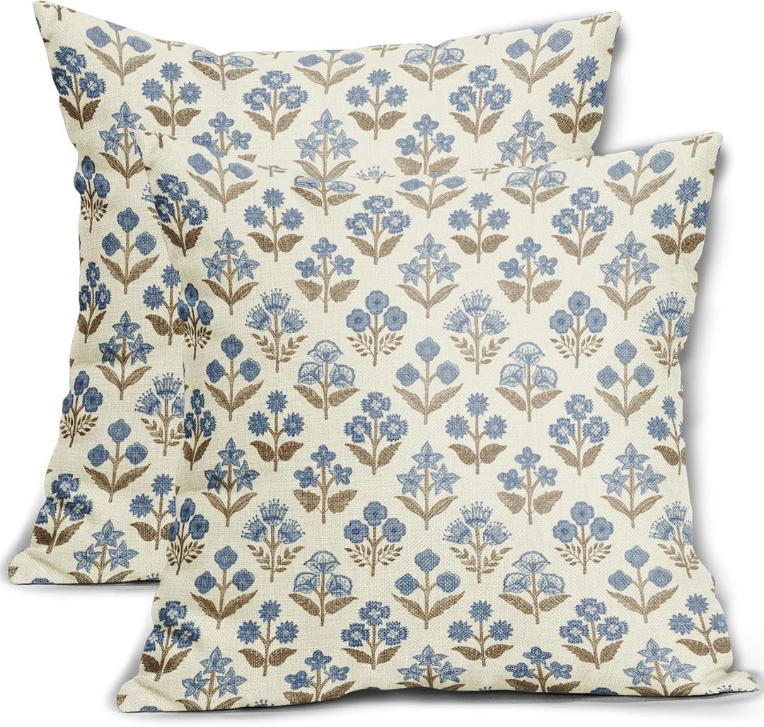 Brown Blue Floral Block Print Pillow Covers 18x18 Inch Set of 2, Vintage Flower Pattern Decorative Throw Pillowcases Outdoor Farmhouse Cushion Covers Spring Summer Rustic Sofa Couch Bed Decor