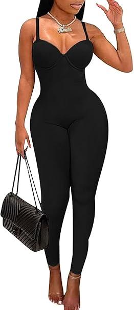 acelyn Women's Sexy Sleeveless Jumpsuits Bodycon Rompers Y2k Bodysuit Club Outfits,  Size S, Black