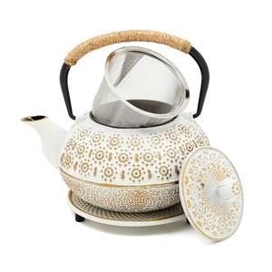 Juvale Stovetop Cast Iron Tea Kettle with Infuser - Superior Heat Retention Loose Leaf Tea Pot - Built-In Teapot with Strainer - Includes Trivet & Infuser Kettle - White, 27 Oz (800 ml)