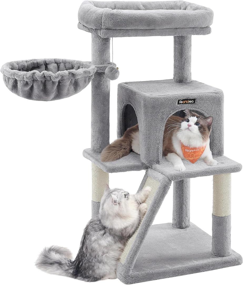 Feandrea Cat Tree, Small Cat Tower with Widened Perch for Large Cats Indoor, Kittens, 96 cm Multi-Level Cat Condo, Scratching Posts and Ramp, 2-Door Cat Cave, Cat Basket, Light Gray UPCT51W