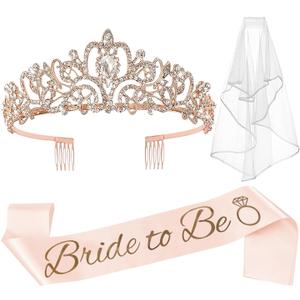 3 Packs Bachelorette Party Decorations Kit, Bridal Shower Crown/Tiara, Bride to Be Sash&Veil for Women Bachelorette Party Gifts, Bridal Shower Party Supplies (Rose Gold)