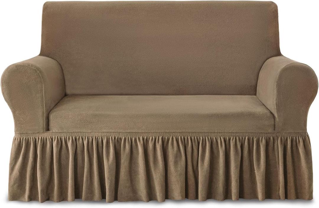 NICEEC Loveseat Cover Thick Plush 1-Piece Warm Khaki Slipcover for Loveseats Stretch Fluffy Couch Covers for Living Room Easy Fit Washable Soft Furniture Sofa Protector with Skirt (Medium)