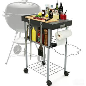 Rolling Grill Side Table Cart for 18"/22" Weber Charcoal Kettle Grills - Outdoor Prep Stand with Wheels, Mesh Storage Racks for Backyard BBQ, Camping, Parties