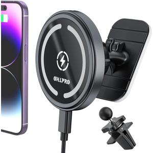 OHLPRO for MagSafe Car Mount Charger iPhone Wireless Car Charger, Stick on Dashboard Magnetic Phone Holder Mount for iPhone 16 Pro Plus Max 15 14 13 12 Series, 15W Fast Charging, Aluminum Shell (Dark Gray)
