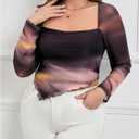 MakeMeChic Women's Plus Size Tie Dye Square Neck Lettuce Trim Asymmetrical Long Sleeve Tee Shirt Tops (Purple, XL)