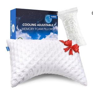 KUCEY Cooling Side Sleeper Pillow for Neck and Shoulder Pain, Luxury Shredded Memory Foam Curved Bed Pillows for Sleeping Set of 1 Adjustable Queen Size Washable Cover Crescent White