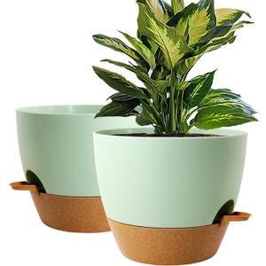 WOUSIWER 10 inch Self Watering Planters, 2 Pack Large Plastic Plant Pots with Deep Reservior and High Drainage Holes for Indoor Outdoor Plants and Flowers, Green with Terracotta
