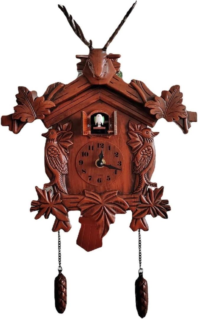 NP Deer Head Cuckoo Clock on Wall Living Room Wall Clock Bird Sing Alarm Clock Cuckoo for Children Room, Wood Red