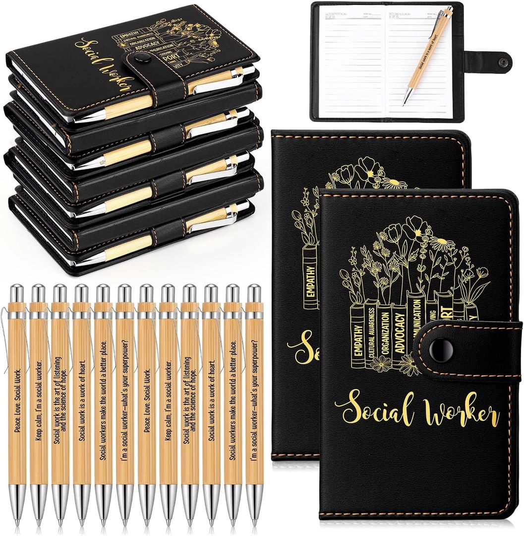 Tenceur 10 Sets Social Worker Appreciation Gifts Bulk Thank You Graduation Gifts for MSW BSW DSW A6 PU Leather Inspirational Notebook with Bamboo Pen Office Supplies (Stylish Style,Black)