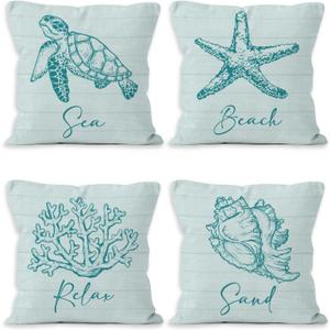 Coastal Beach Throw Pillow Covers 18x18, Ocean Sea Turtle Starfish Coral Seashell Decorative Pillow Covers for Home Bedroom, Coastal Pillowcases, Beachy Room Decor Accent Pillows Cover Set of 4