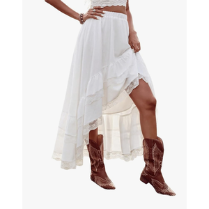 SHENHE Women's Boho Maxi Skirt High Low Asymmetrical Lace Ruffle Hem Flowy Western Skirt, S
