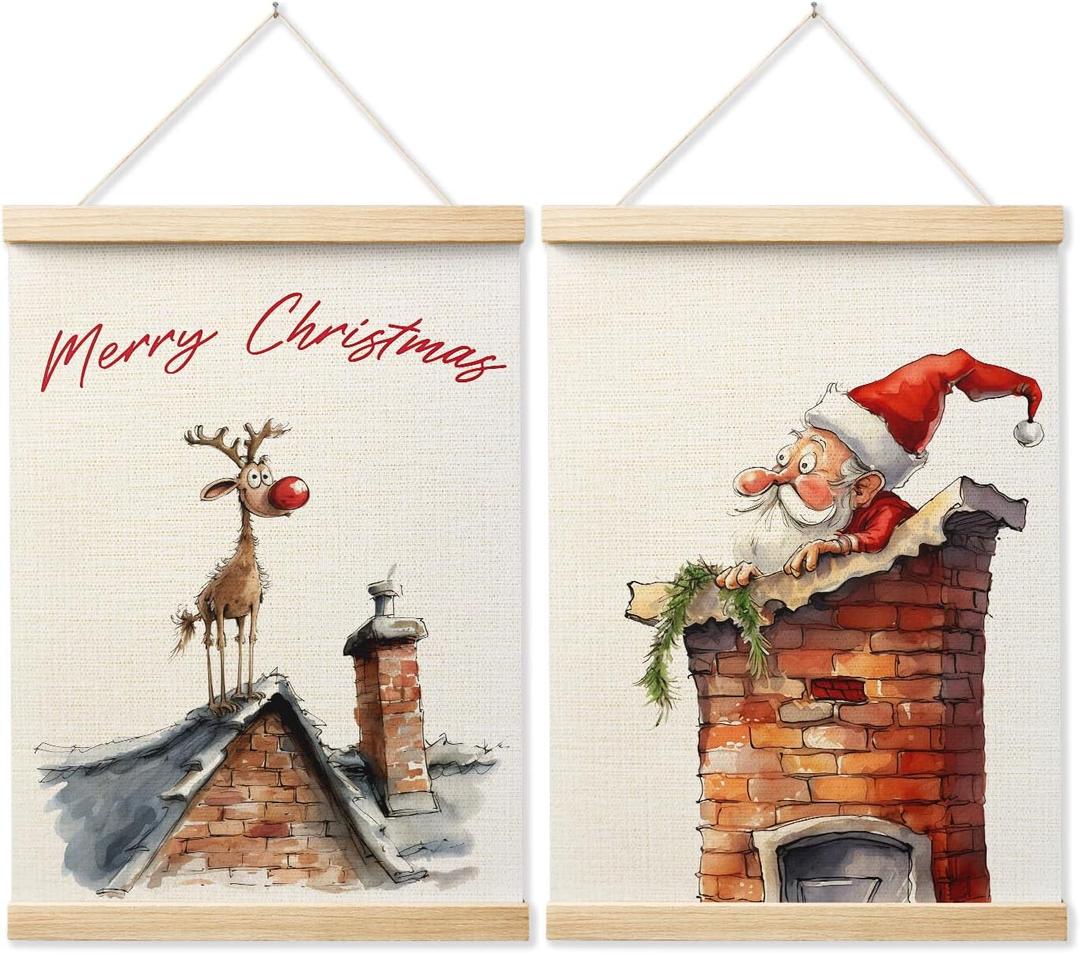 LZYRF Funny Adorable Santa Claus Reindeer Wall Art Poster Framed, Funny Christmas Decor, Cute Christmas Winter Holiday Canvas Prints Wall Decor for Home Bedroom Living Room, 12x16 Inch Set of 2