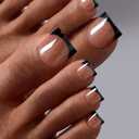 BTArtbox Press On Toenails - Real Square Glaze Black French Tip Toe Nail Press Ons with Glue for Women, Opaque Fake Toe Nail Tips in 15 Sizes - 30 Toenails Kit, Gunmetal