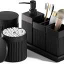 6-Piece Black Bathroom Set - Sleek Resin Organizer with Soap Dispenser, Toothbrush Holder, Vanity Tray, Tumbler & Apothecary Jars for Small Spaces