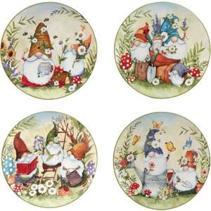 Certified International Garden Gnomes 11" Dinner Plates, Assorted Designs, Large, Multicolor, Set of 4