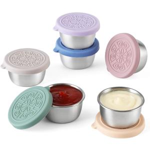 VITEVER [6 Pack] Salad Dressing Container To Go, 1.6 oz Small Condiment Containers with Lids, Reusable Stainless Steel Sauce Cups , Leakproof Silicone Lids for Lunch Bento Box, Picnic and Travel