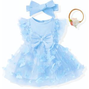 Renotemy Baby Girl Tulle Tutu Dress Blue Butterfly Sleeveless 1st Birthday Dress for Baby Girl Shower Gifts Boho Fairy Baptism Princess Wedding Birthday Party Dresses with Flower Headband 12-18 Months