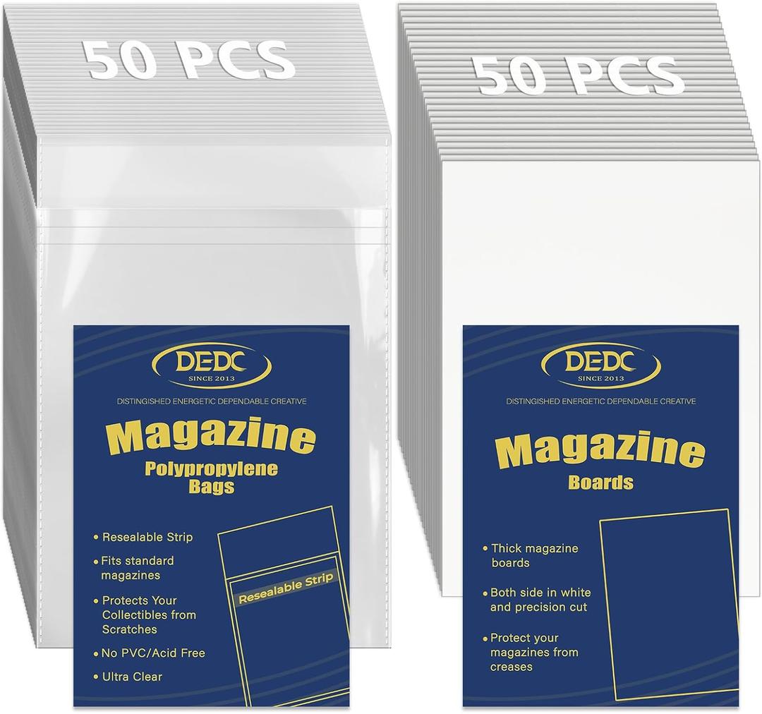 DEDC Magazine Bags and Boards 50 Pack - Heavy Duty 3.5 Mil Resealable Magazine Protector Sleeves with Rigid Acid-Free Backing Boards - Archival Clear Storage for Comics, Magazines & Collectibles