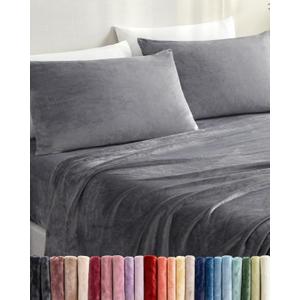 Fleece Sheets Queen Size Set - 4-Piece Velvet Flannel Sheet Set - Super Soft Fleece Bedding - 1 Flat & 1 Fitted & 2 Pillowcases - Warm, Comfy & Plush - Deep Pockets, Fuzzy & Anti-Static - Dark Grey