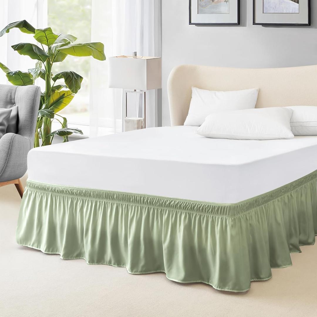 FreshCulture Elastic Bed Skirt - Full Size, 18-Inch Drop, Hotel Quality Dust Ruffle (Sage Green) (Full-18" Drop)