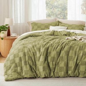 Bedsure Queen Size Comforter Set Olive Green, Boho Tufted Bed Set, Checkered Farmhouse Shabby Chic Bedding, 3 Pieces, 1 Plaid Geometric Comforter and 2 Pillow Shams
