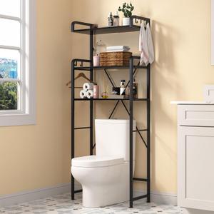 Over-The-Toilet Storage Rack with 3-Tier Shelves, Space Saver Toilet Shelf, Bathroom Storage Organizer with Hooks for Over-Toilet Storage (Black)