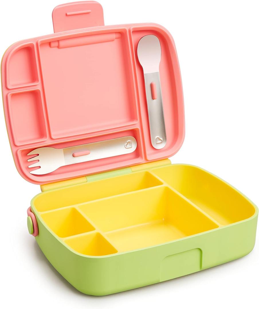 Munchkin Lunch Bento Box for Kids and Toddlers, Includes Stainless Steel Utensils, BPA-Free, 18 Months and Up, Pink/Green/Yellow