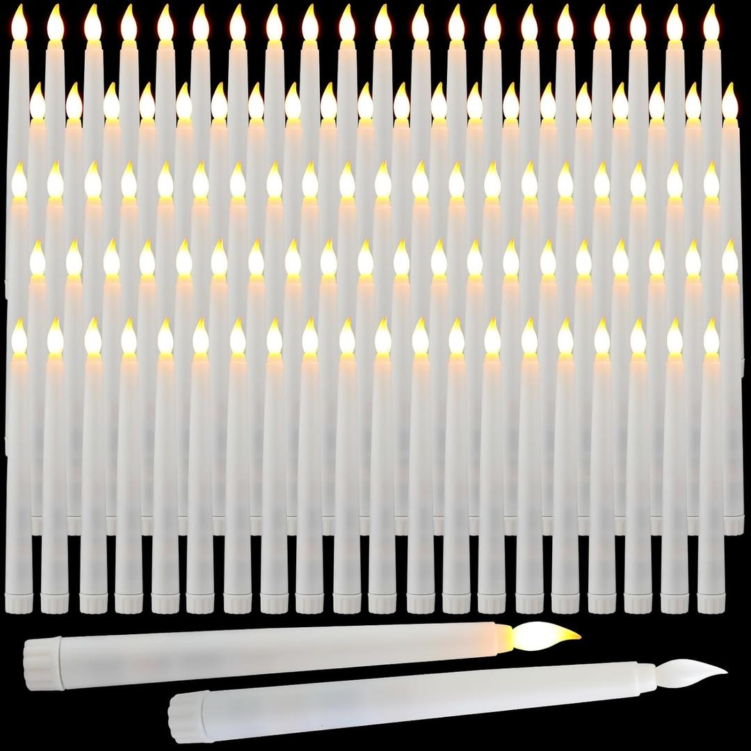 Baquler 100 Pcs 8.5 Inch Flameless Taper Candles Battery Operated Taper Candles Bulk LED Flickering White Candlesticks for Wedding Church Table Centerpiece Halloween Christmas Party Decor