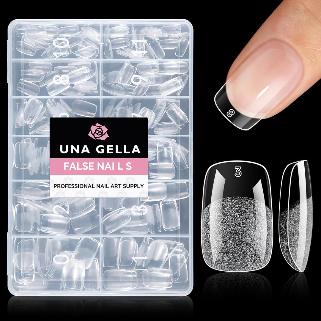 UNA GELLA Short Square & Squoval Nail Tips 216pcs Pre-Etched Short Square Round Oval Press on Nails Squoval Clear Acrylic Fake Full Cover Gel Nails Tips for Nail Extensions Home DIY Salon 12 Sizes