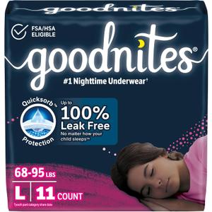 Goodnites Girls' Nighttime Bedwetting Underwear, Size Large (68-95 lbs), 11 Ct, Packaging May Vary