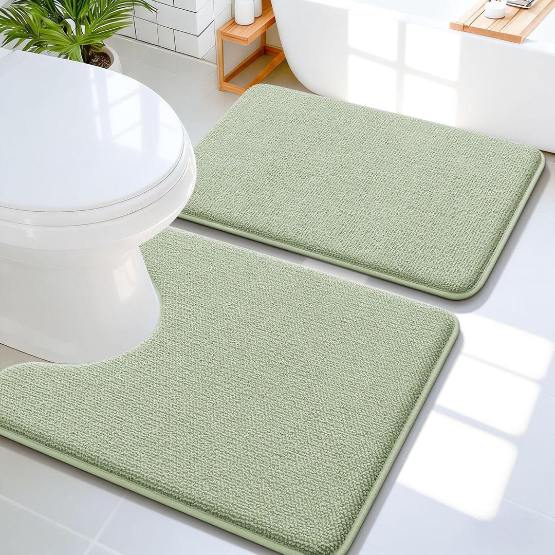 OLANLY Bathroom Rugs Sets 2 Piece, Soft Absorbent Memory Foam Bath Mats and U-Shaped Toilet Rug Set, Machine Washable Bath Mats for Bathroom, Home Decor Accessories (24"x16"+24"x20", Sage Green)