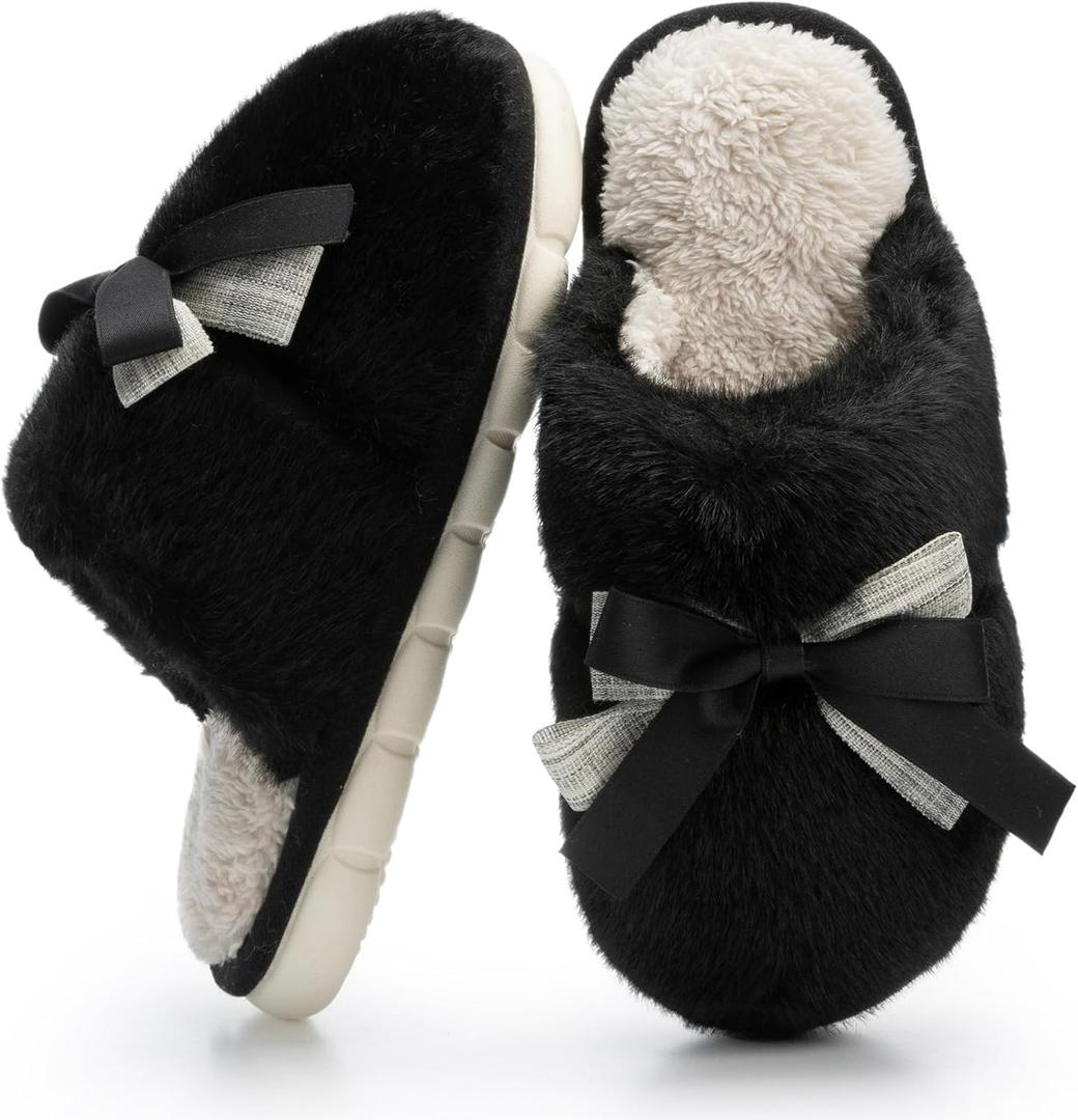 Cute Women's Memory Foam House Slippers - Fuzzy Plush Faux Fur Slippers with Bow Butterfly Tie - Anti-Skid Indoor/Outdoor Gifts for Women, Moms & Ladies (38-39, Black)